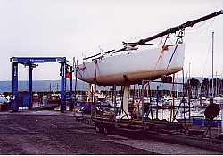 The racing Fin Keel is transported for a yacht race at Inverkip Marina on the west coast of Scotland near Glasgow.