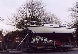 This finkeel was on its way from Essex to Scotland,all the different supports on the trailer are fully adjustable to snugly fit any boat