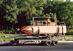 The unusual Red Bus work boat returning from trials as a dive boat, from Marbella, Southern Spain (May 2002)