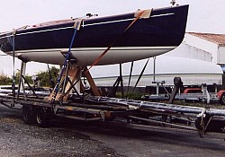 'Queenie' loaded at the factory, The first beautiful Tofinou 9.5 meter yacht to be imported in to the UK from France by the agents,Charles Watson...