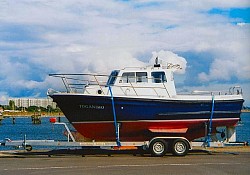 Toganimo,a wonderful Mitchell fishing boat on its way to Westport,near Galway, Ireland from the manufactures (J S Mouldings Ltd) of Essex...