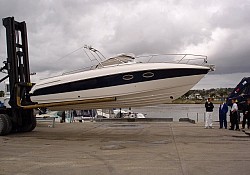 The Windy motor boat safely delivered to Mitchell's boat yard,Poole